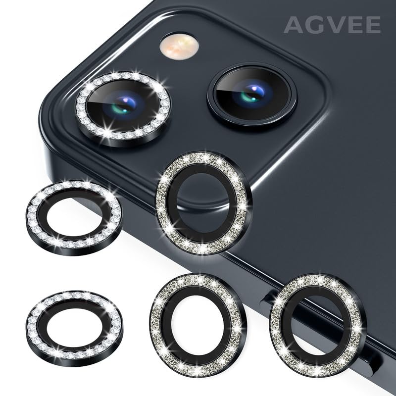 AGVEE 3+3 6 Pack for iPhone 13 6.1 inch / 13 Mini 5.4 inch Camera Lens Cover Protector Bling Diamond & Bling Glitter Metal Ring 9H Tempered HD Glass Camera Cover Protector Film Bling-Black